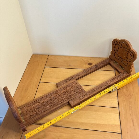 Carved Wood Bookends Adjustable Sliding Book Rack with Inlay Design - Picture 2 of 7